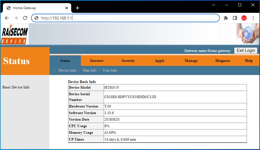 raisecom iscom ht-803-n home gateway login